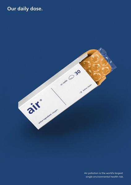 A minimalist, conceptual advertisement featuring oxygen tablets packaged like pharmaceutical medication to highlight environmental health risks.
